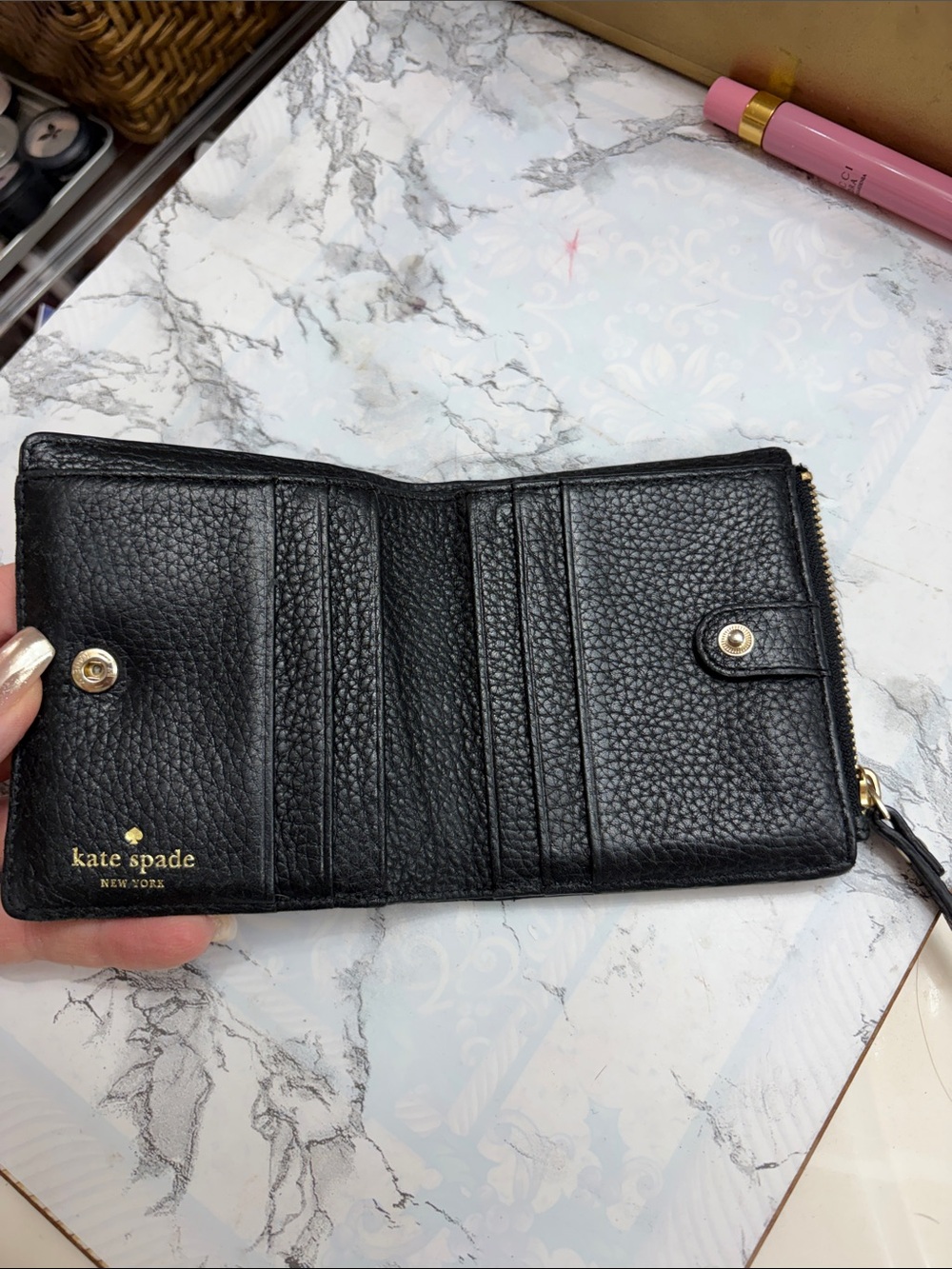 kate spade Black Pebbled Leather Compact Zip Wallet with Gold Logo - Picture 2 of 7